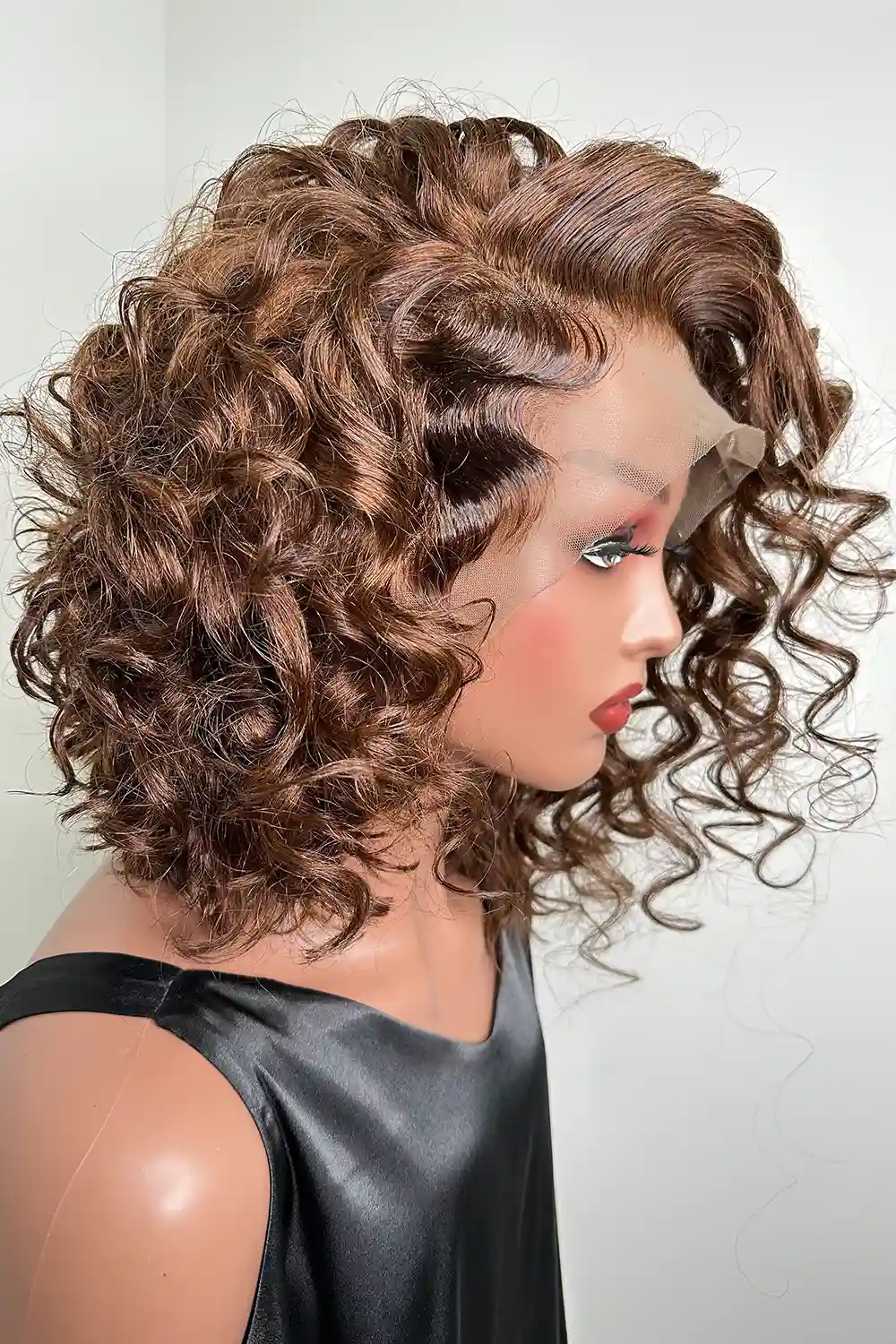 13x4 Lace Front 14 Inch Bob Wig Dark Brown Curly Side Part - Image 3