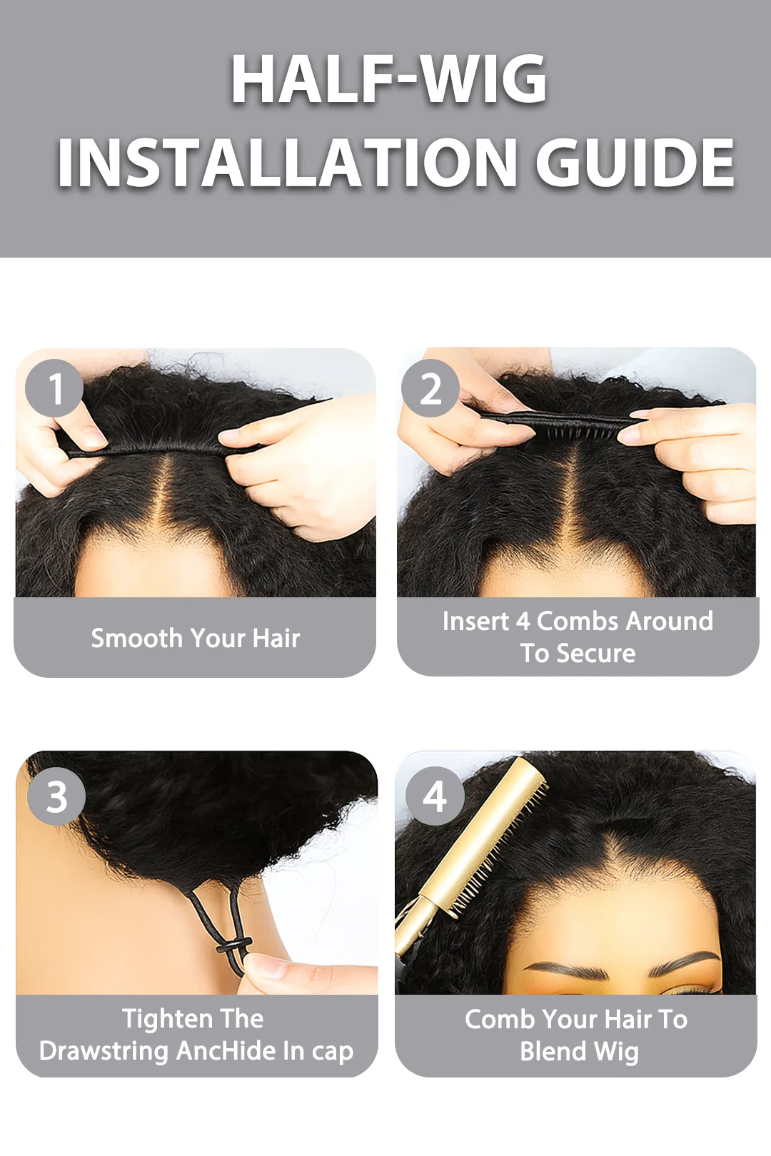 Afro Kinky Curly Half Wig Flexible Fit Drawstring Seamless Wig - Image 7