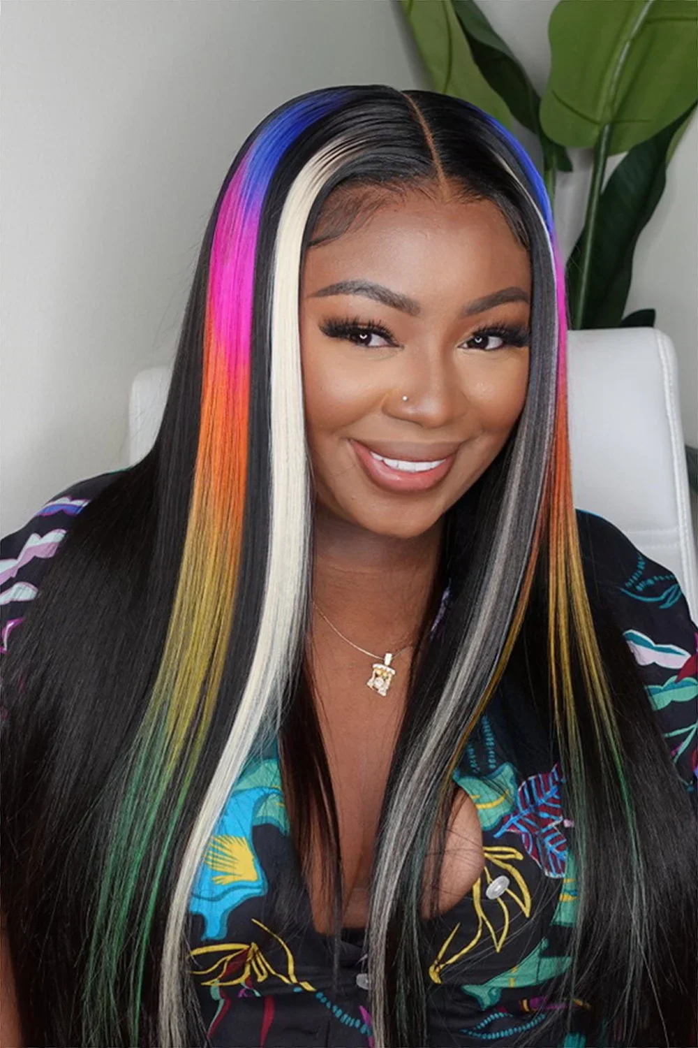 Bright Rainbow Colored Wig Glueless HD Lace Front Straight Highlights - Image 3
