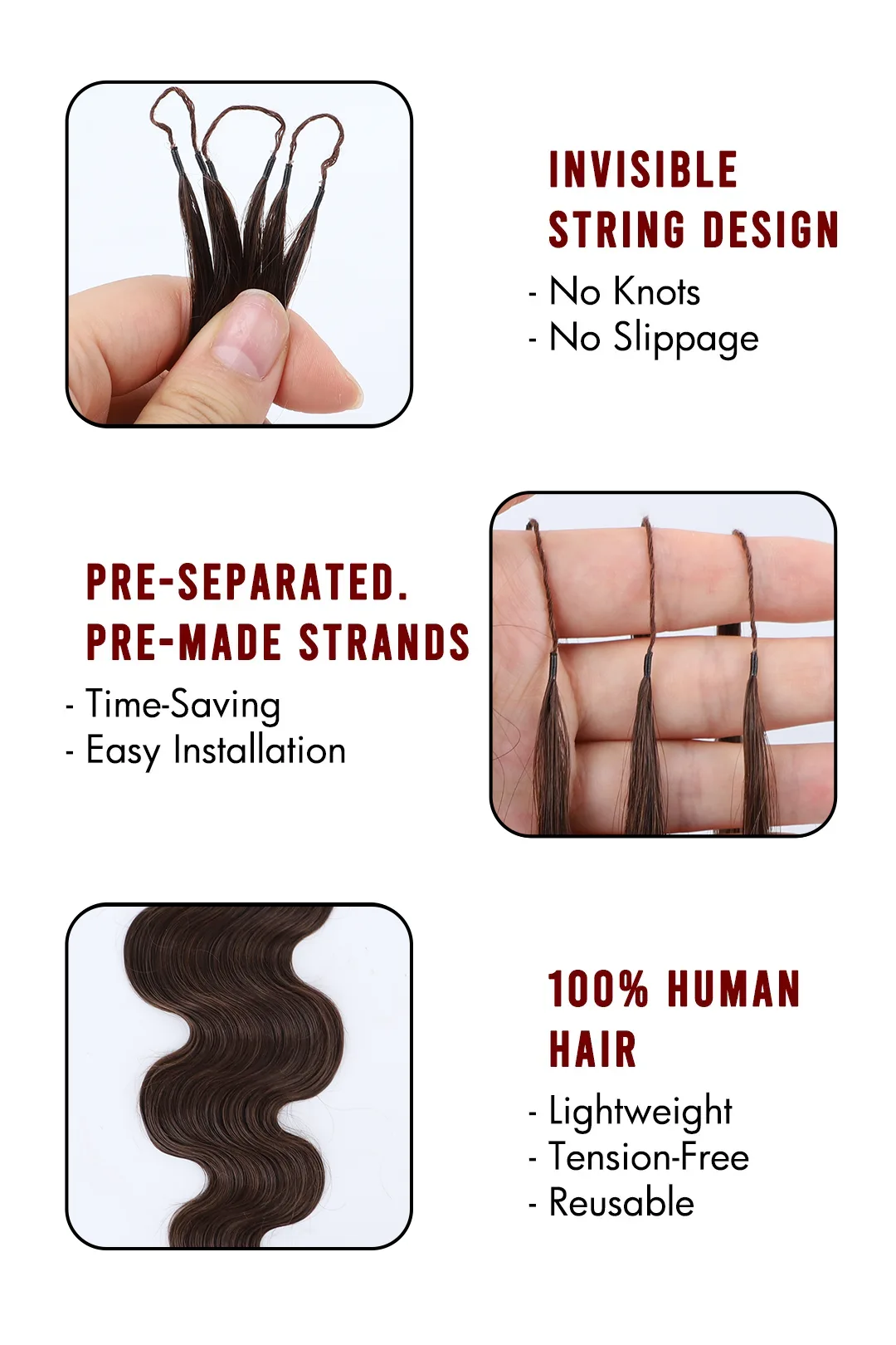 Dark Brown Body Wave Feather Crochet Hair Extension for Miracle Knots - Image 3