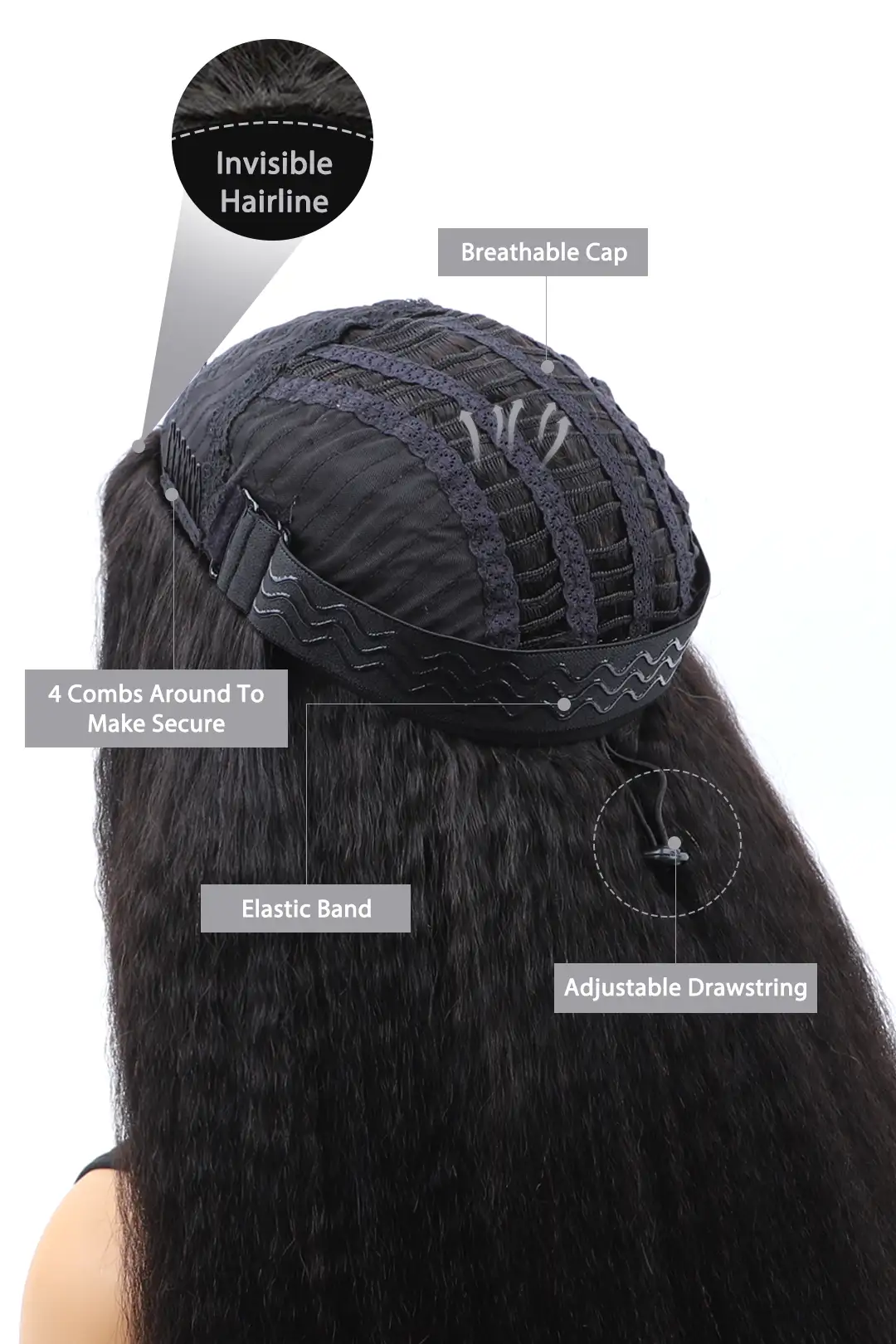 Kinky Straight Half Wig Flexible Fit Drawstring Seamless Wig - Image 5