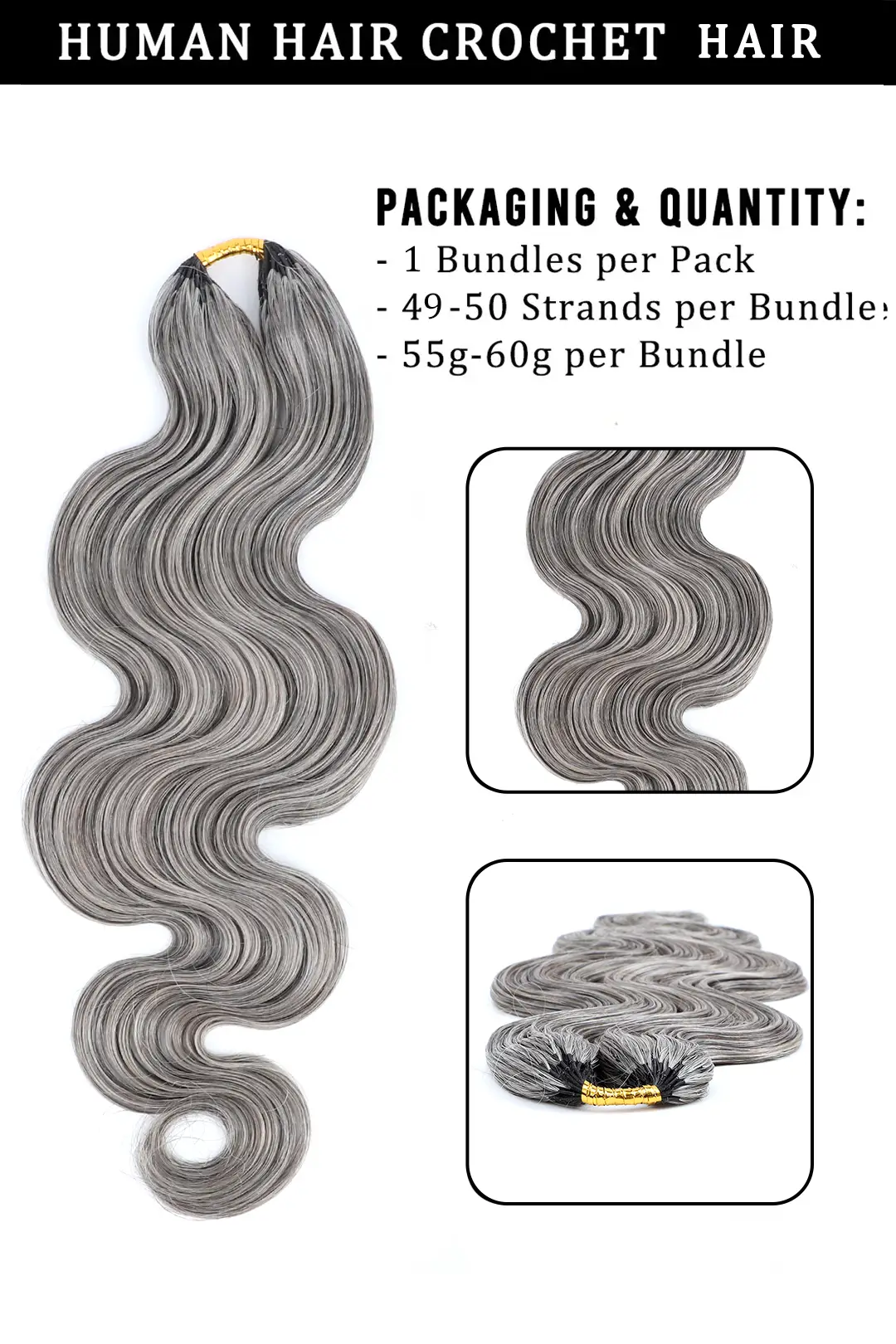Double Drawn Salt and Pepper Body Wave Crochet Hair 85% Gray - Image 5