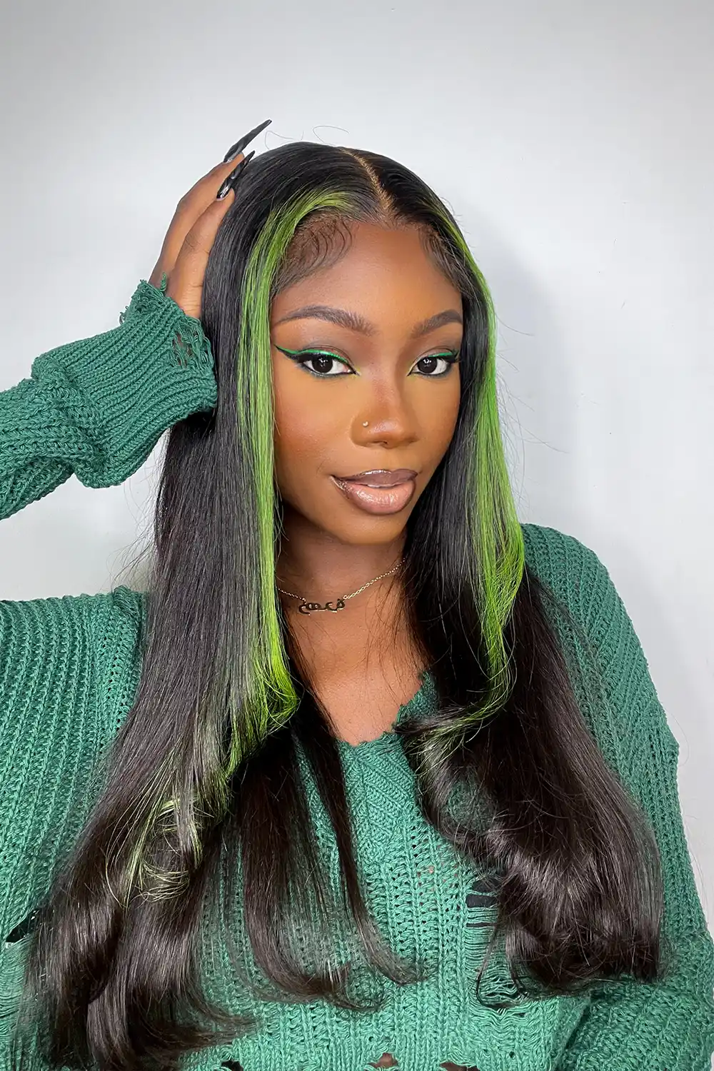 Layered Wolf Cut Green Skunk Stripe Wig Glueless HD Lace Frontal - Image 6
