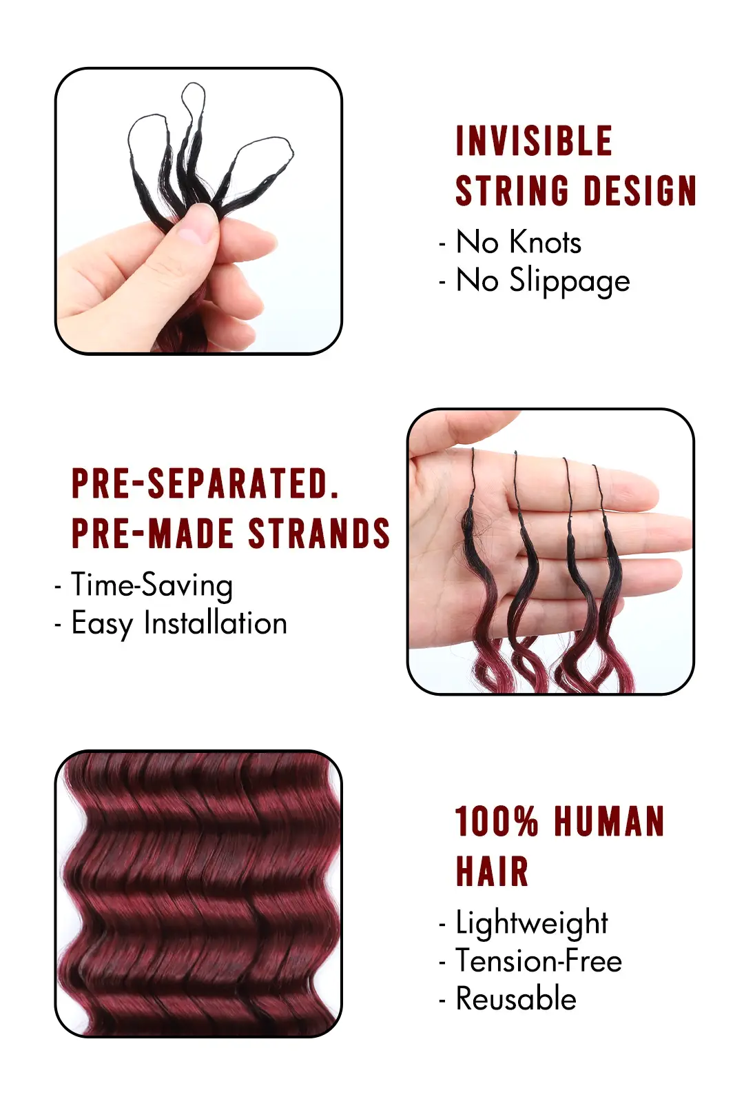 Burgundy Ombre Deep Wave Feather Crochet Hair - T1B/99J Human Hair - Image 6